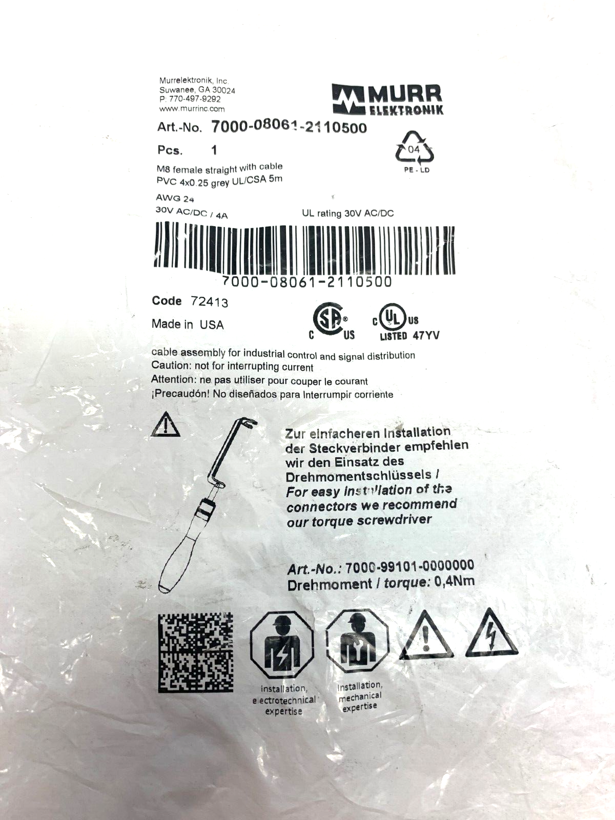 Murr Elektonik 7000-08061-2110500 M8 Female Straight with Cable 5m - Maverick Industrial Sales