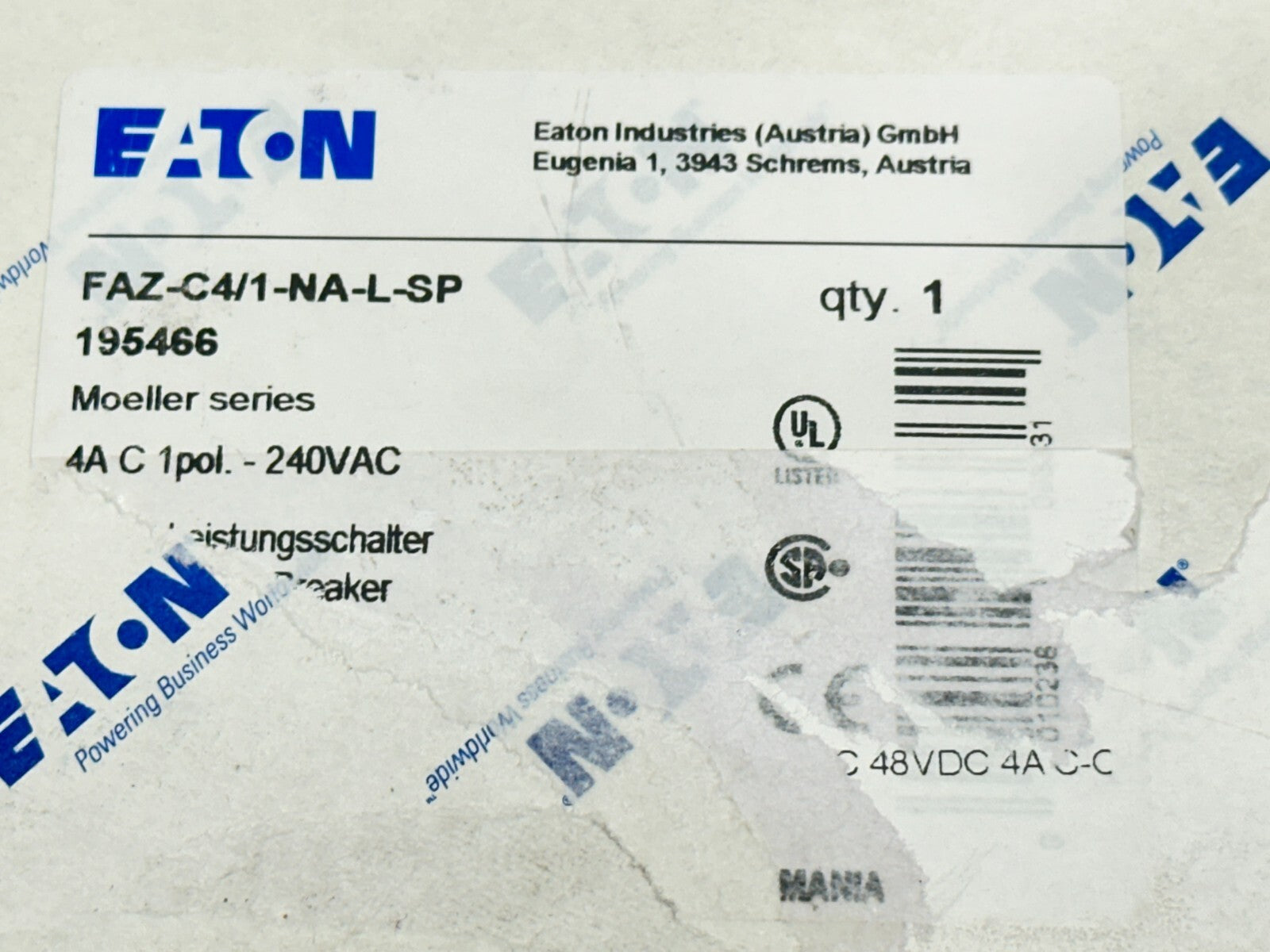 Eaton FAZ-C4/1-NA-L-SP Circuit Breaker 1-Pole 4A 195466 - Maverick Industrial Sales