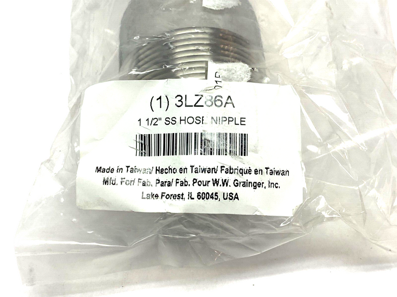 Grainger3LZ86A Barbed Hose Nipple Fitting 1-1/2" Hose ID 316 Stainless Steel - Maverick Industrial Sales