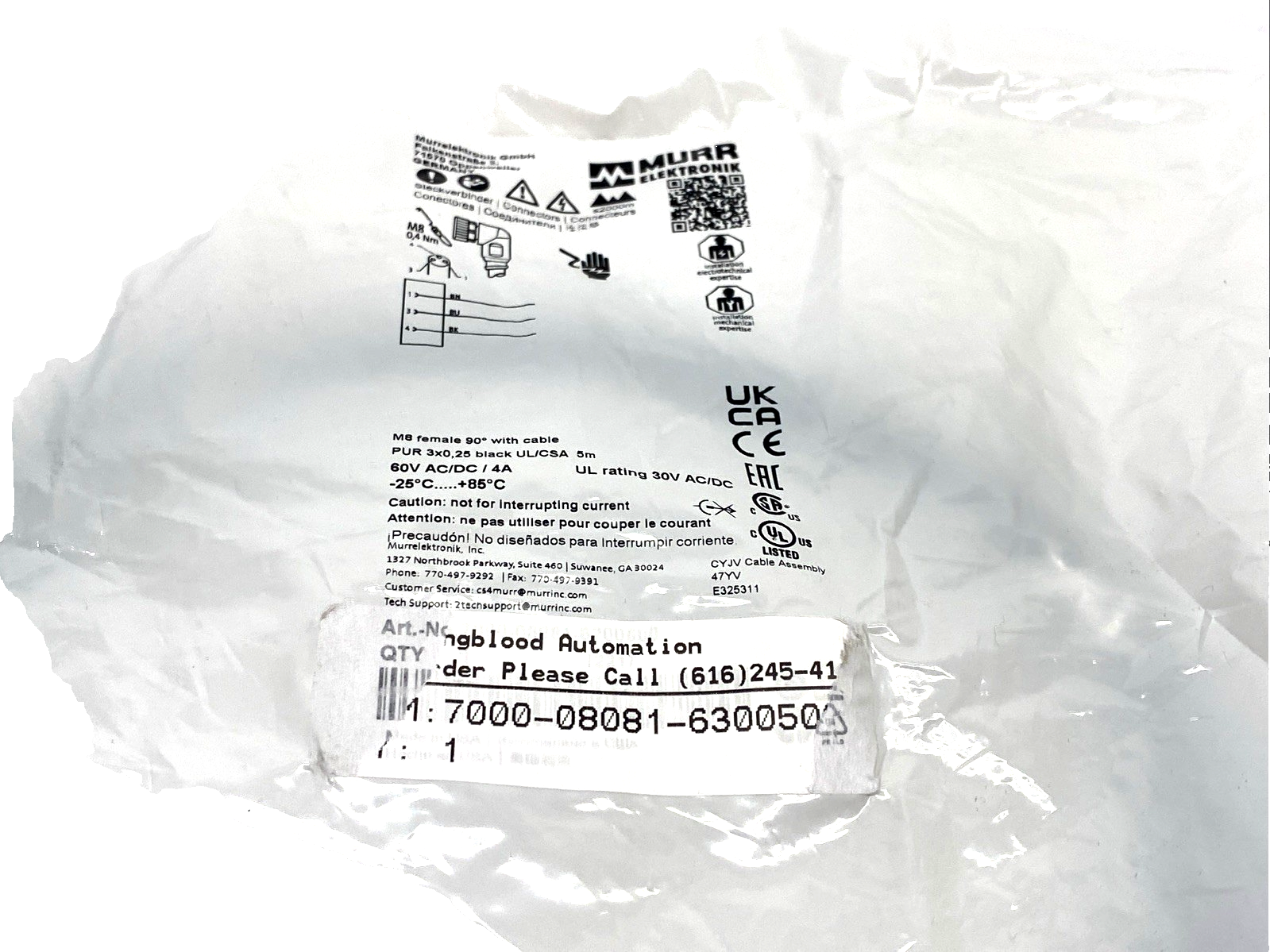 7000-08081-6300500 | MurrElektronik Cordset M8 3-Pin Female Right Angle 5m - New - Maverick Industrial Sales