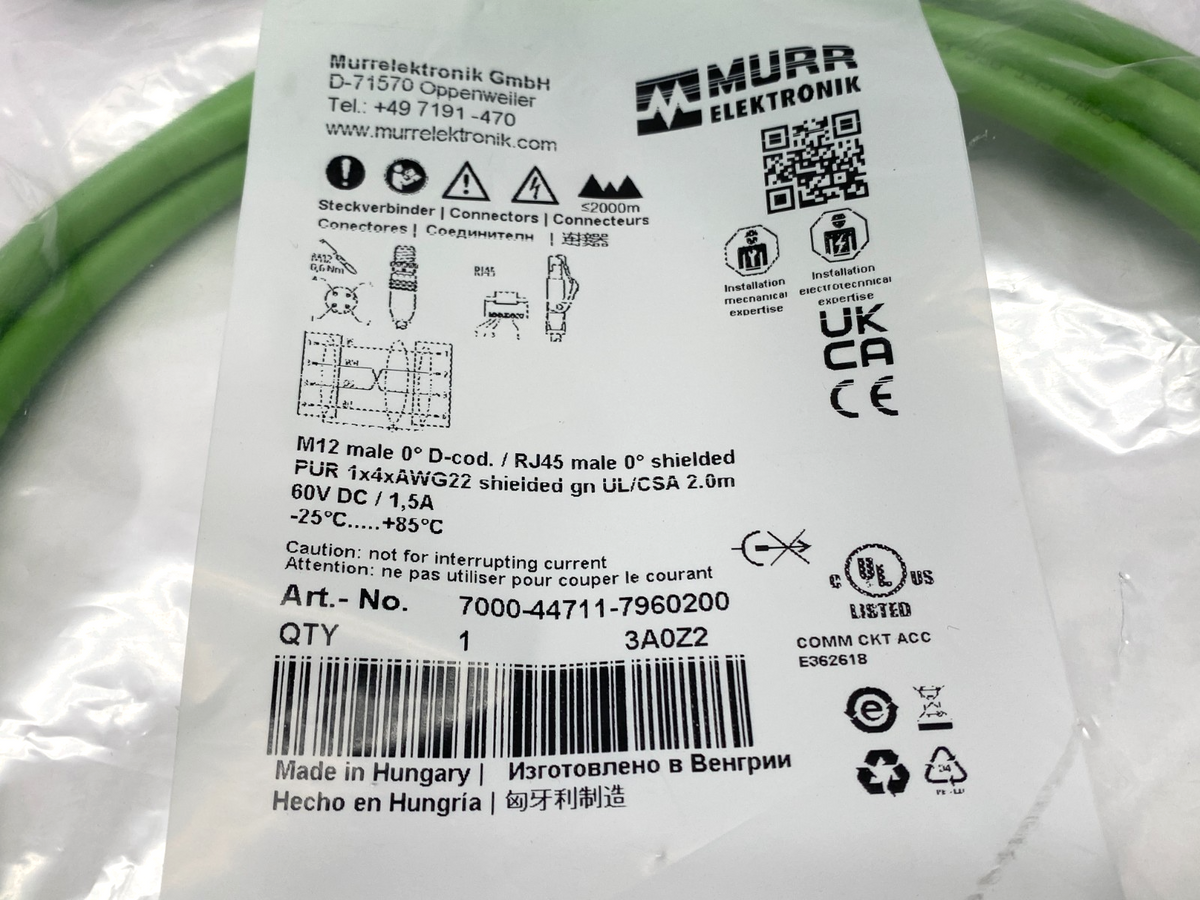 Murrelektronik 7000-44711-7960200 Double Ended Ethernet Cable M12 RJ45 4-Pole 2m - Maverick Industrial Sales