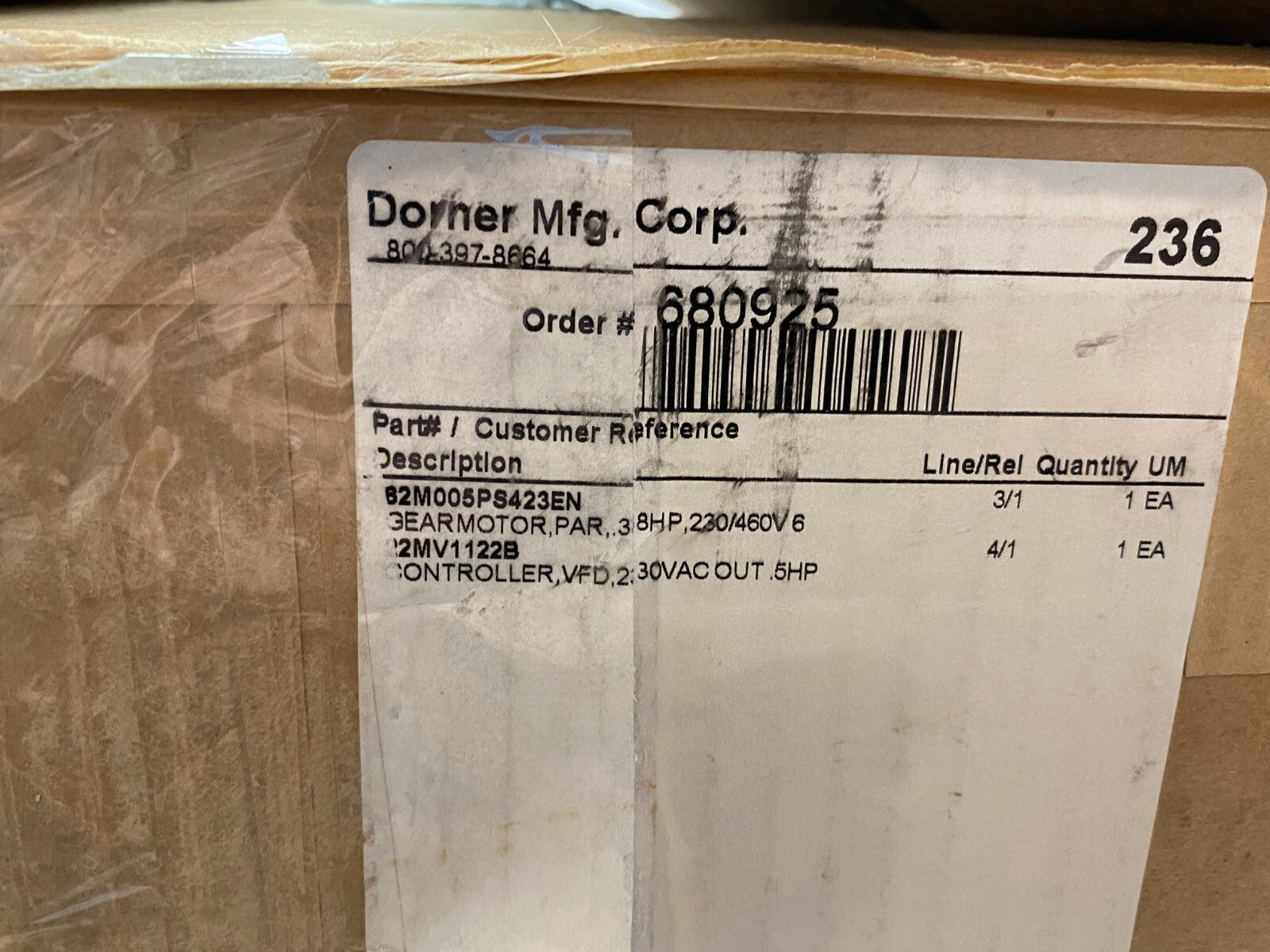Dorner 62M005PS423EN & 22MV1122B Parallel Gearmotor 3/8HP & VFD Controller 230V - Maverick Industrial Sales