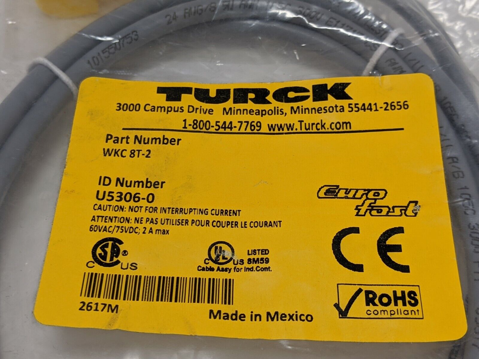 Turck WKC 8T-2 Eurofast Right Angle M12 Female Cordset 8 Conductor U5306-0 - Maverick Industrial Sales