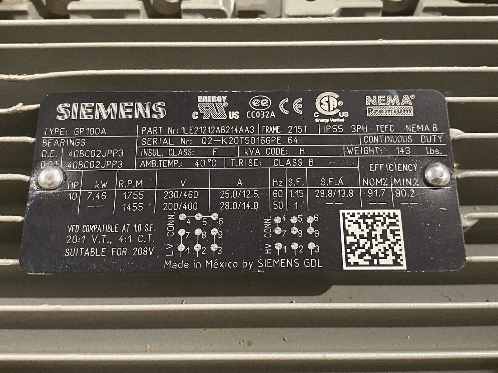 1LE21212AB214AA3 | Siemens 1LE2121-2AB21-4AA3 NEMA Premium® AC Motor 10HP 3-Phase Type GP100A - New – Open box - Maverick Industrial Sales