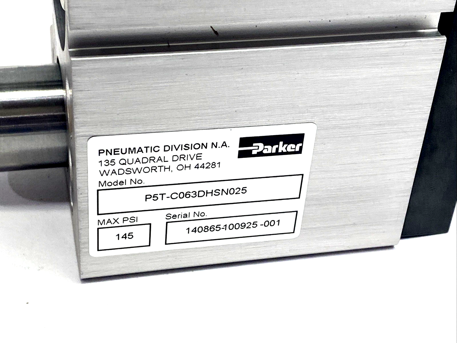 P5T-C063DHSN025 | Parker Pneumatic Guided Cylinder 145 PSI 63mm Bore 25mm Stroke - New – Open box - Maverick Industrial Sales