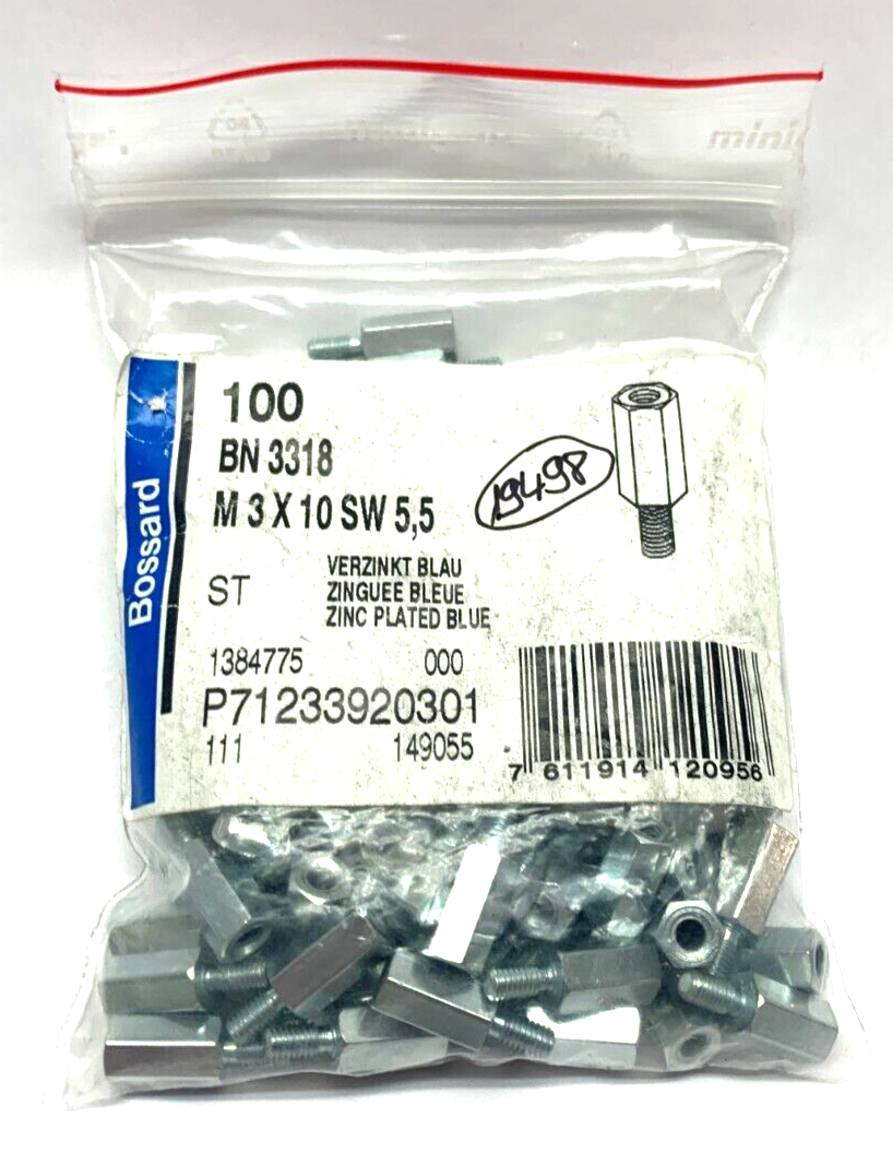 Bossard 1384775 Screwed Spacer Sleeve M3 x 10SW 5,5 Blue Plated Zinc PACK OF 100 - Maverick Industrial Sales
