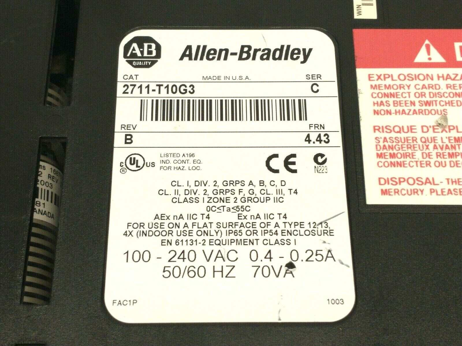 Allen Bradley 2711-T10G3 Ser C Rev B PanelView 1000 Grayscale Operator Terminal - Maverick Industrial Sales