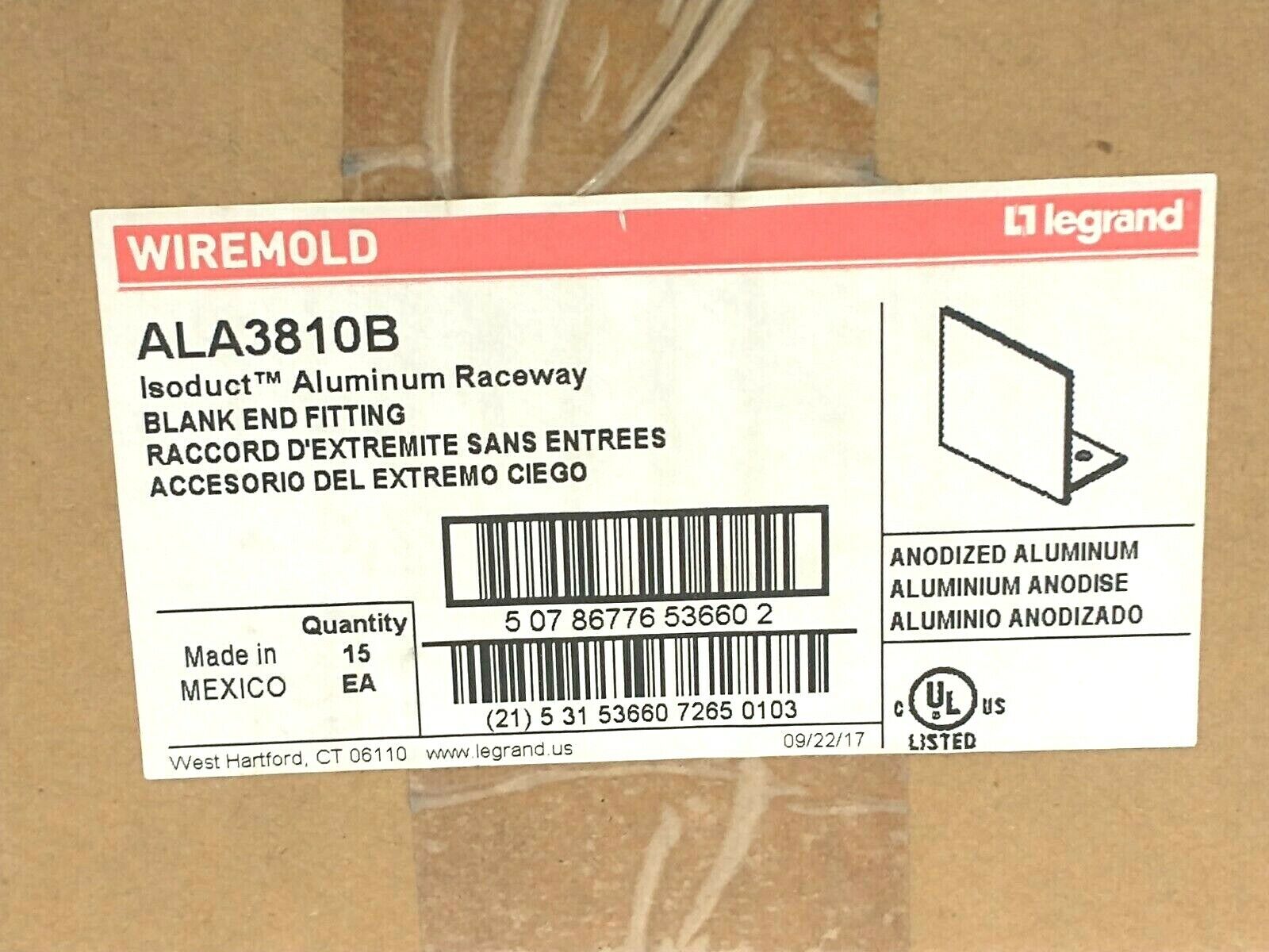 Wiremold ALA3810B Aluminum Raceway Blank End Fitting BOX OF 15 - Maverick Industrial Sales