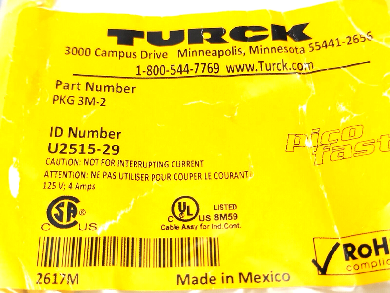 Turck PKG 3M-2 Single Ended Cordset M8 Female 3-Pin 2m U2515-29 LOT OF 2 - Maverick Industrial Sales