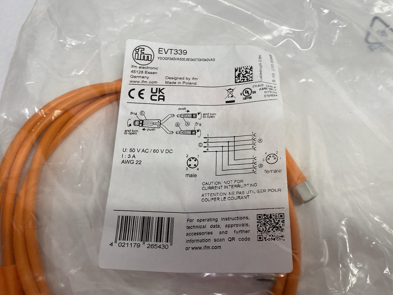 EVT339 | Ifm A-Coded Y-Connection Cable YDOGF040VAS00,6E04STGH040VAS - New - Maverick Industrial Sales