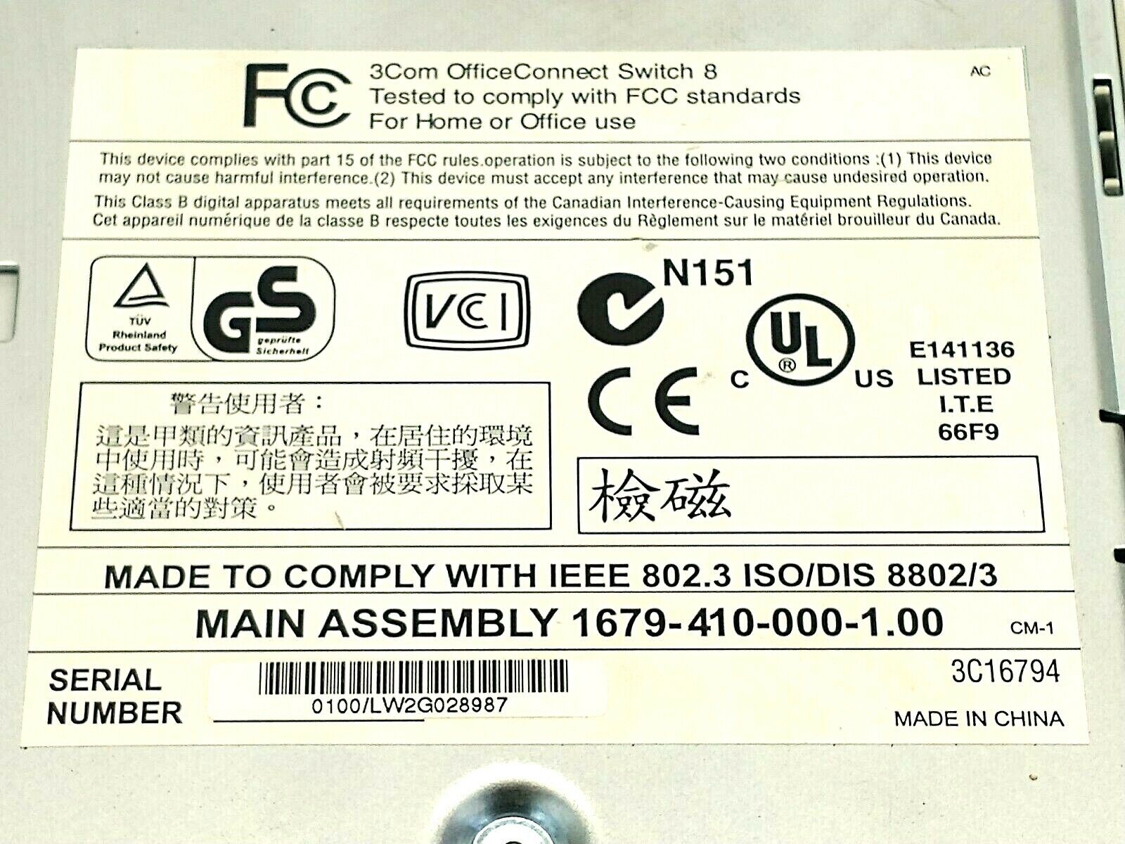 3Com 1679-410-000-1.00 OfficeConnect Switch 8 3C16794 - Maverick Industrial Sales