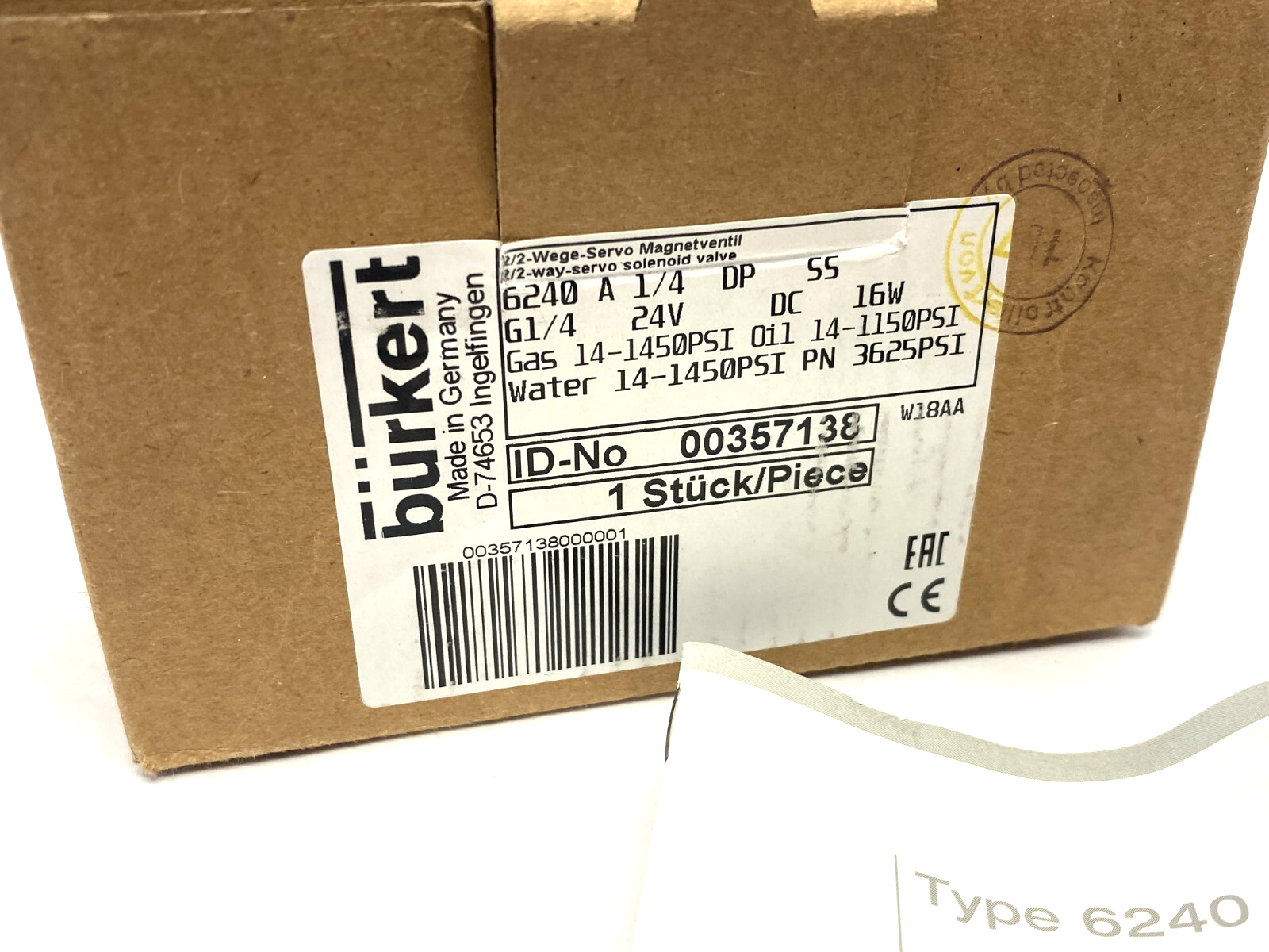 Bürkert 357138 2/2-Way Servo Solenoid Valve 6240 A 1/4 DP SS 24VDC 16W - Maverick Industrial Sales