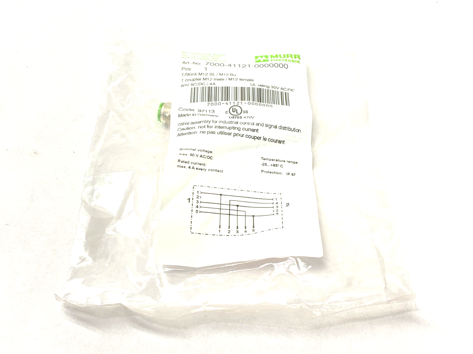 7000-41121-0000000 | Murrelektronik T-Coupler, M12 male to 2x M12 female A-cod. - New - Maverick Industrial Sales