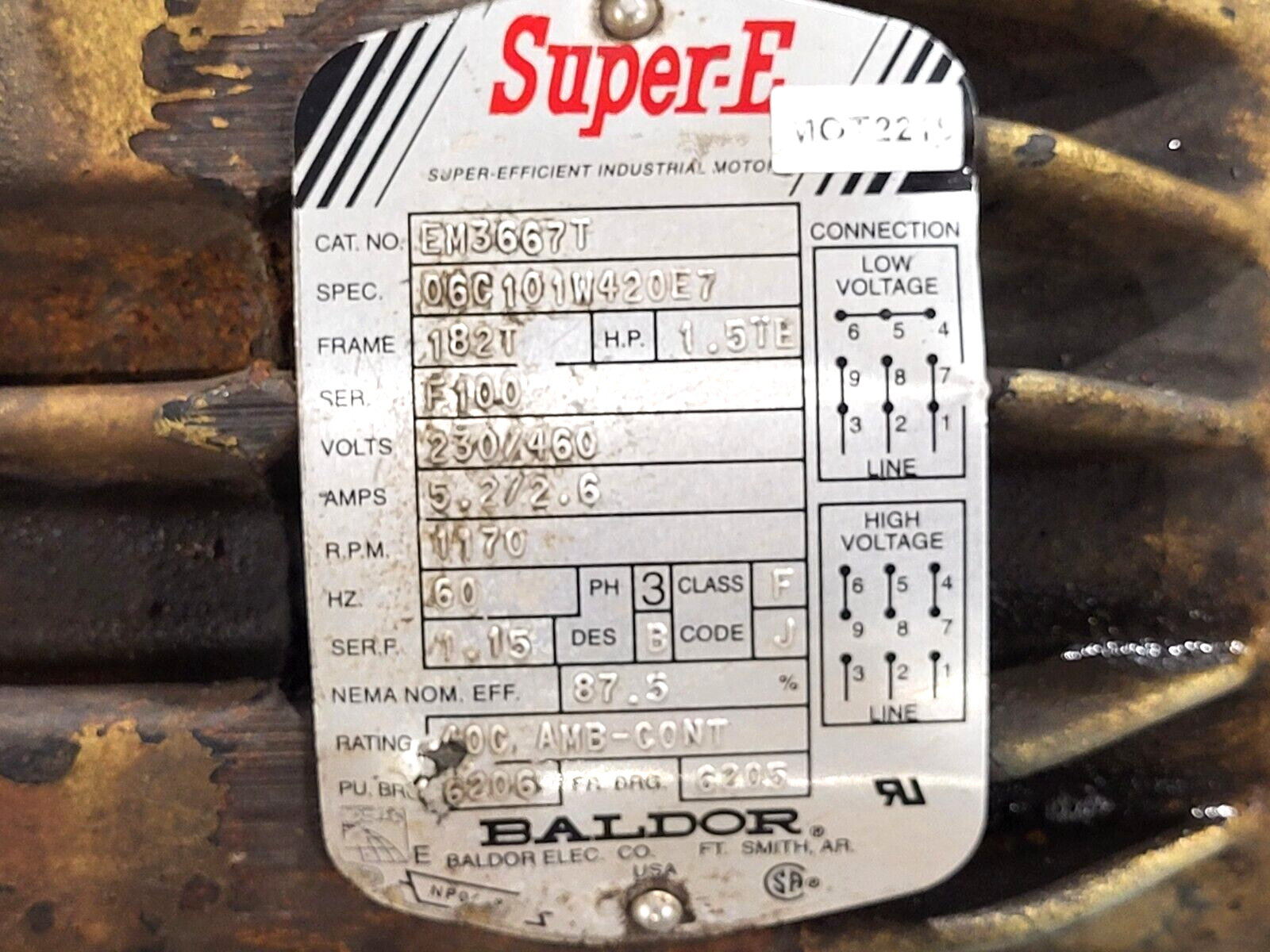 Baldor-Reliance EM3667T Super-E Motor 1.5HP 1170RPM 3PH 60HZ 182T 0630M Ser. F - Maverick Industrial Sales
