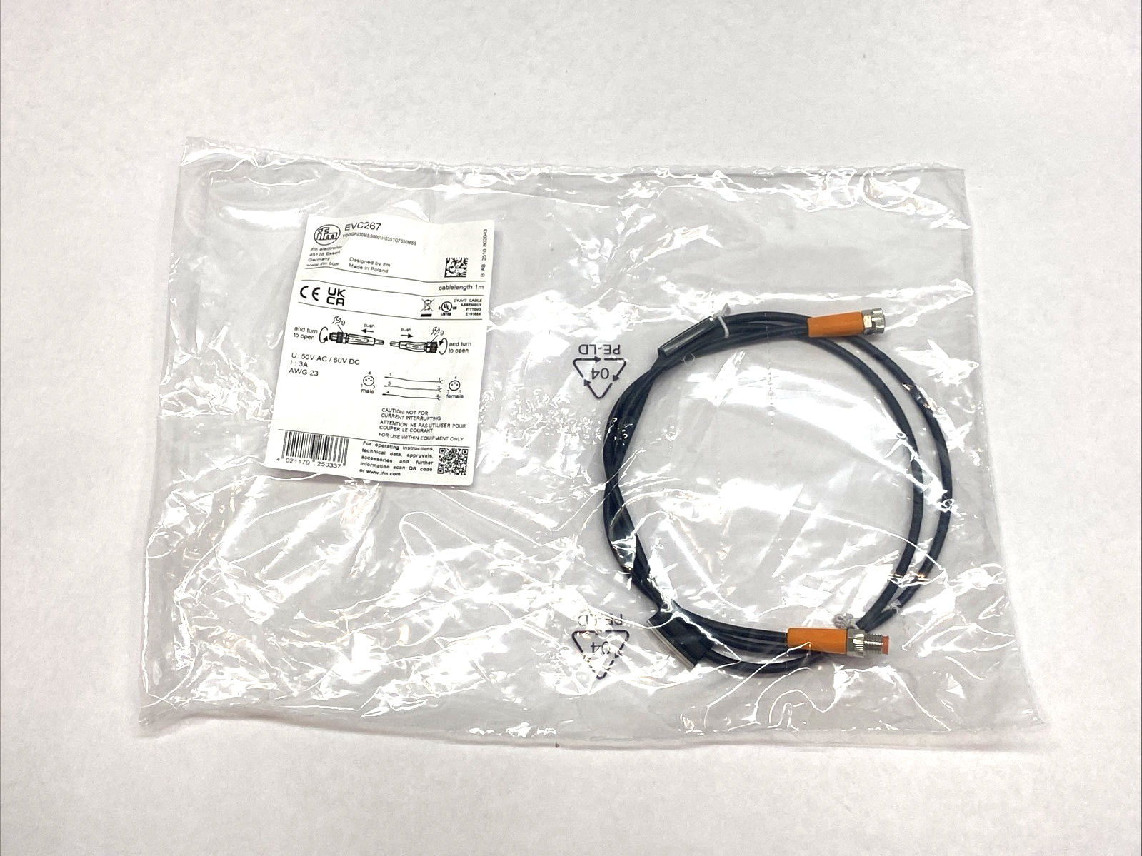 EVC267 | IFM Effector Sensor Connection Cable 1m 50VAC 6VDC 3A - New - Maverick Industrial Sales