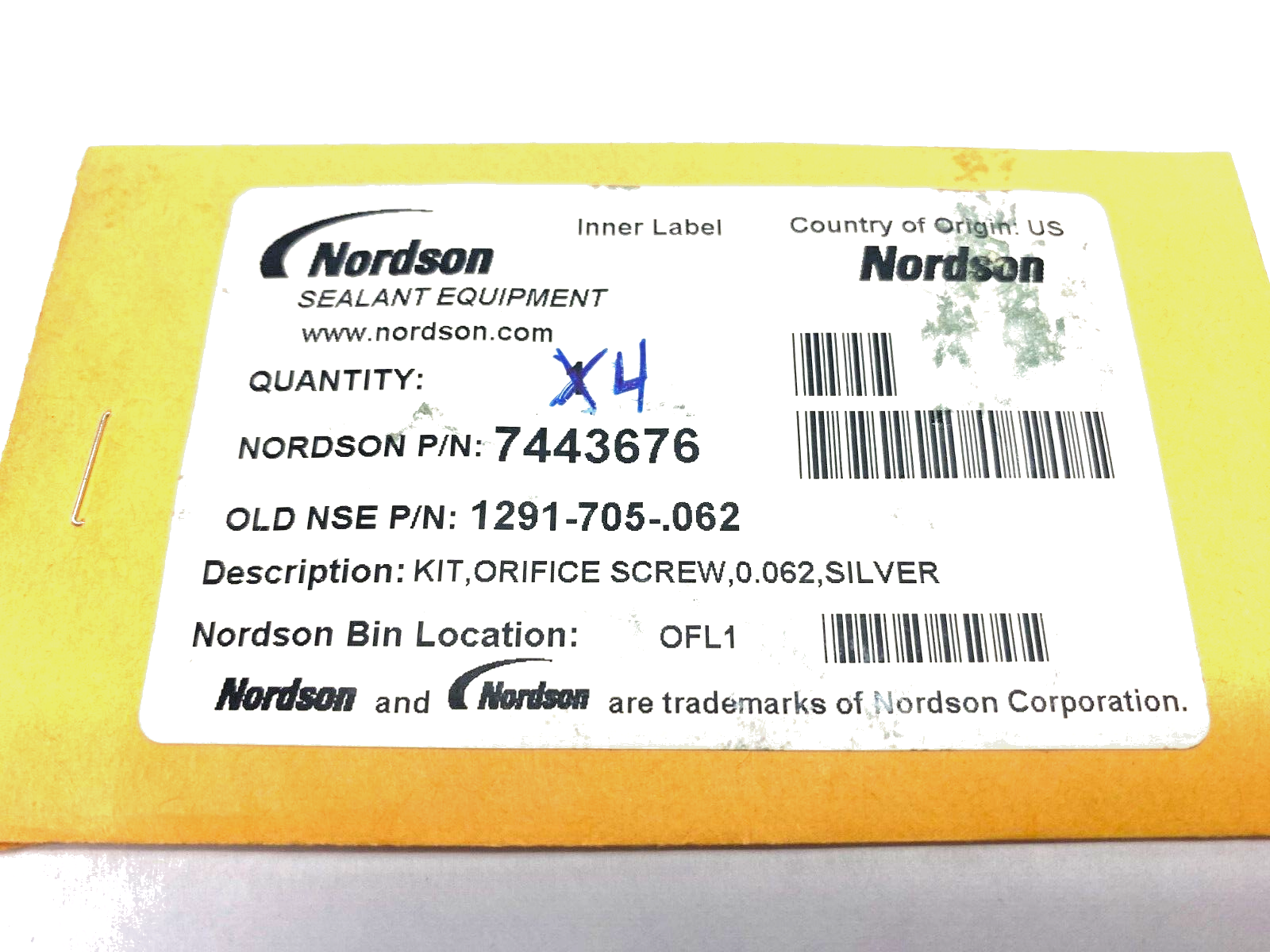 Nordson 7443676 Orifice Screw Kit, 0.062, Silver PKG OF 4 - Maverick Industrial Sales