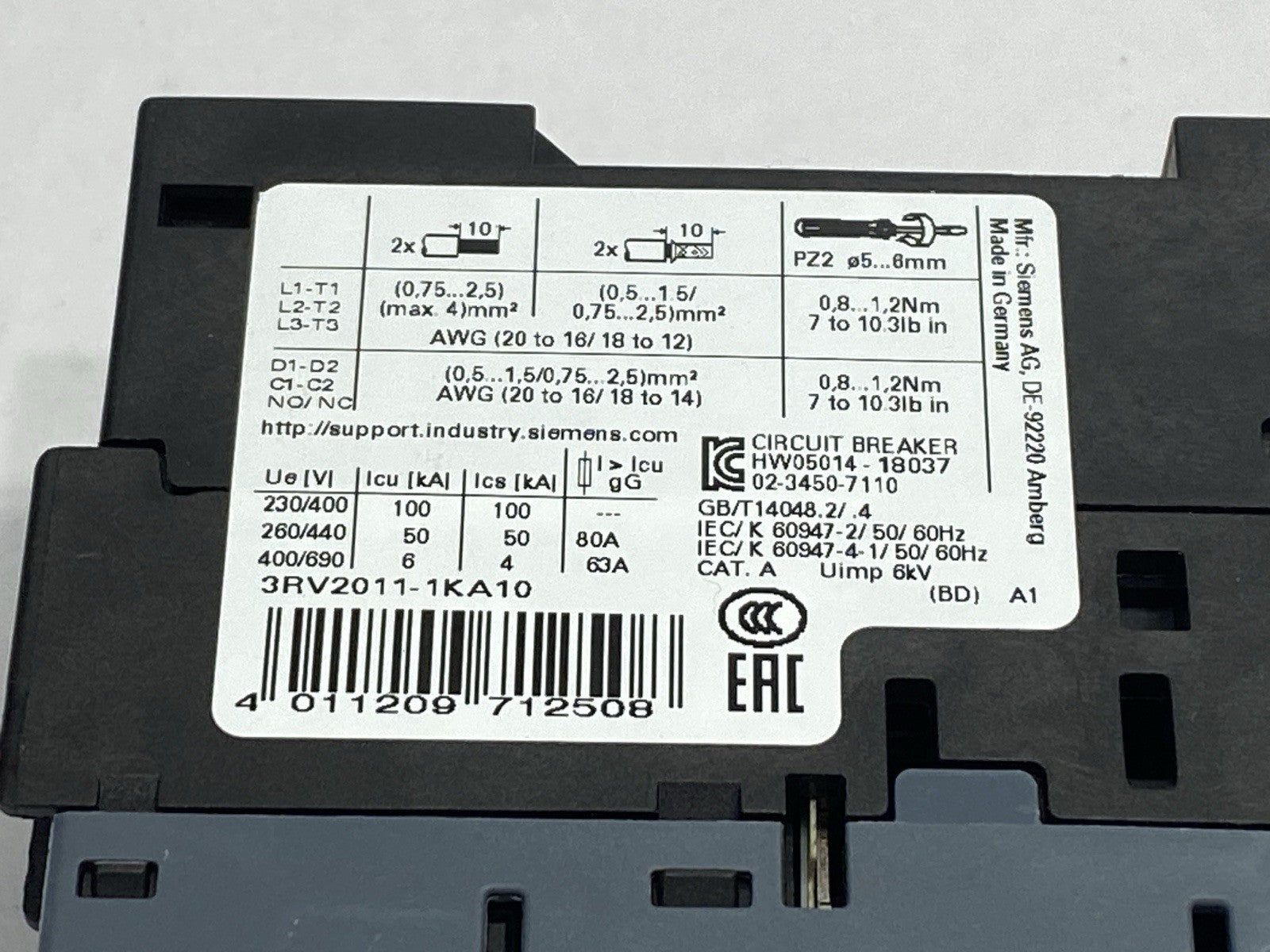 Siemens 3RV2011-1KA10 Motor Protector Circuit Breaker 9-12.5A - Maverick Industrial Sales