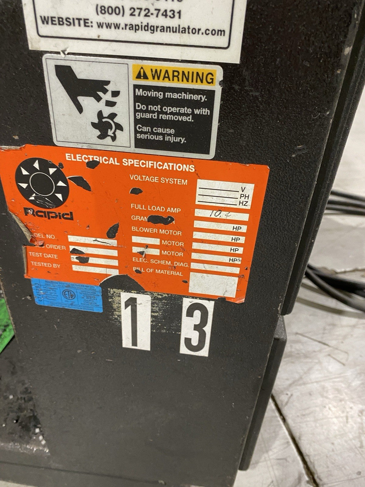 F-19K | Rapid Force Granulator 480V For Repair - For parts or not working - Maverick Industrial Sales