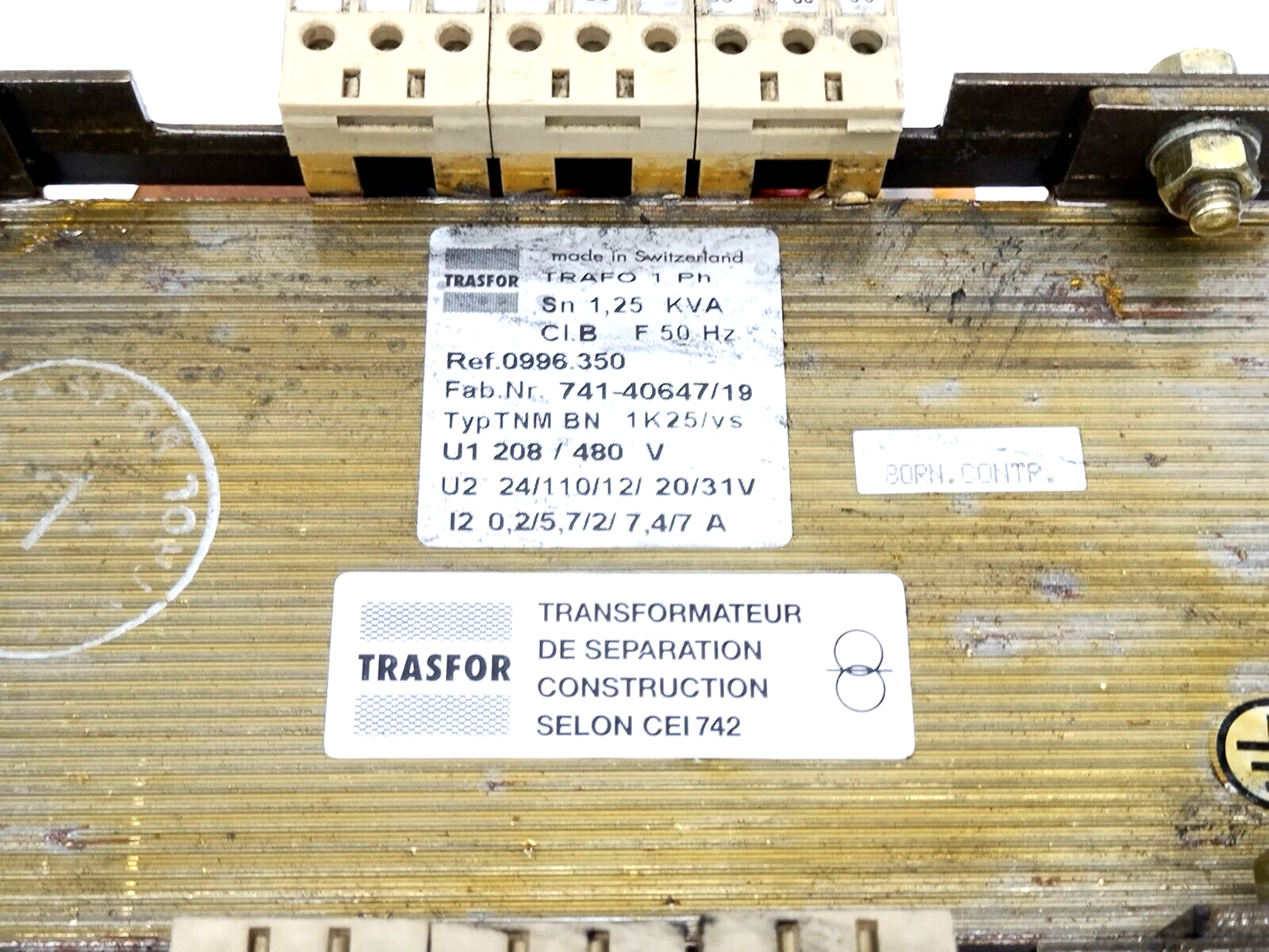 Trasfor Typ TNMBN1K25/VS 1PH Transformer 208/480V 1.25kVA 0996.350 741-40647/19 - Maverick Industrial Sales
