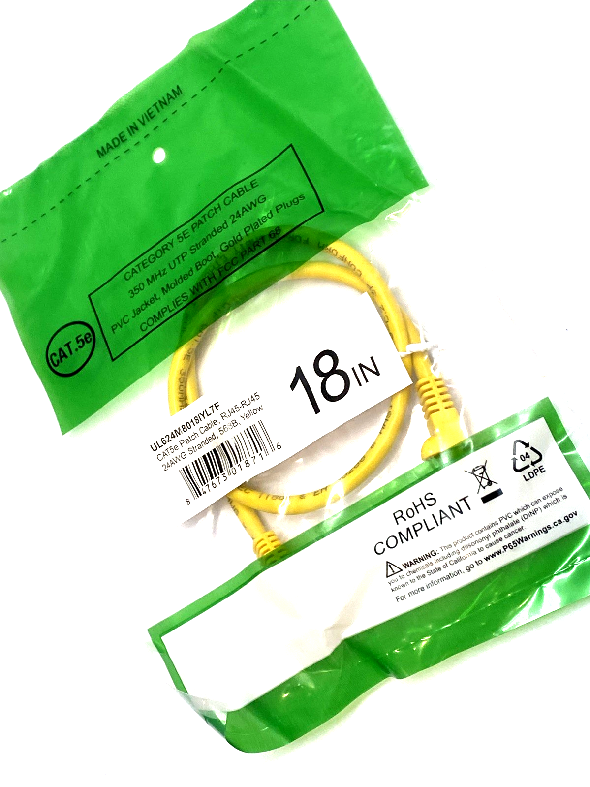 UL624M8018IYL7F | CAT5e Patch Cable, RJ45-RJ45 24AWG 1" LOT OF 10 - New - Maverick Industrial Sales