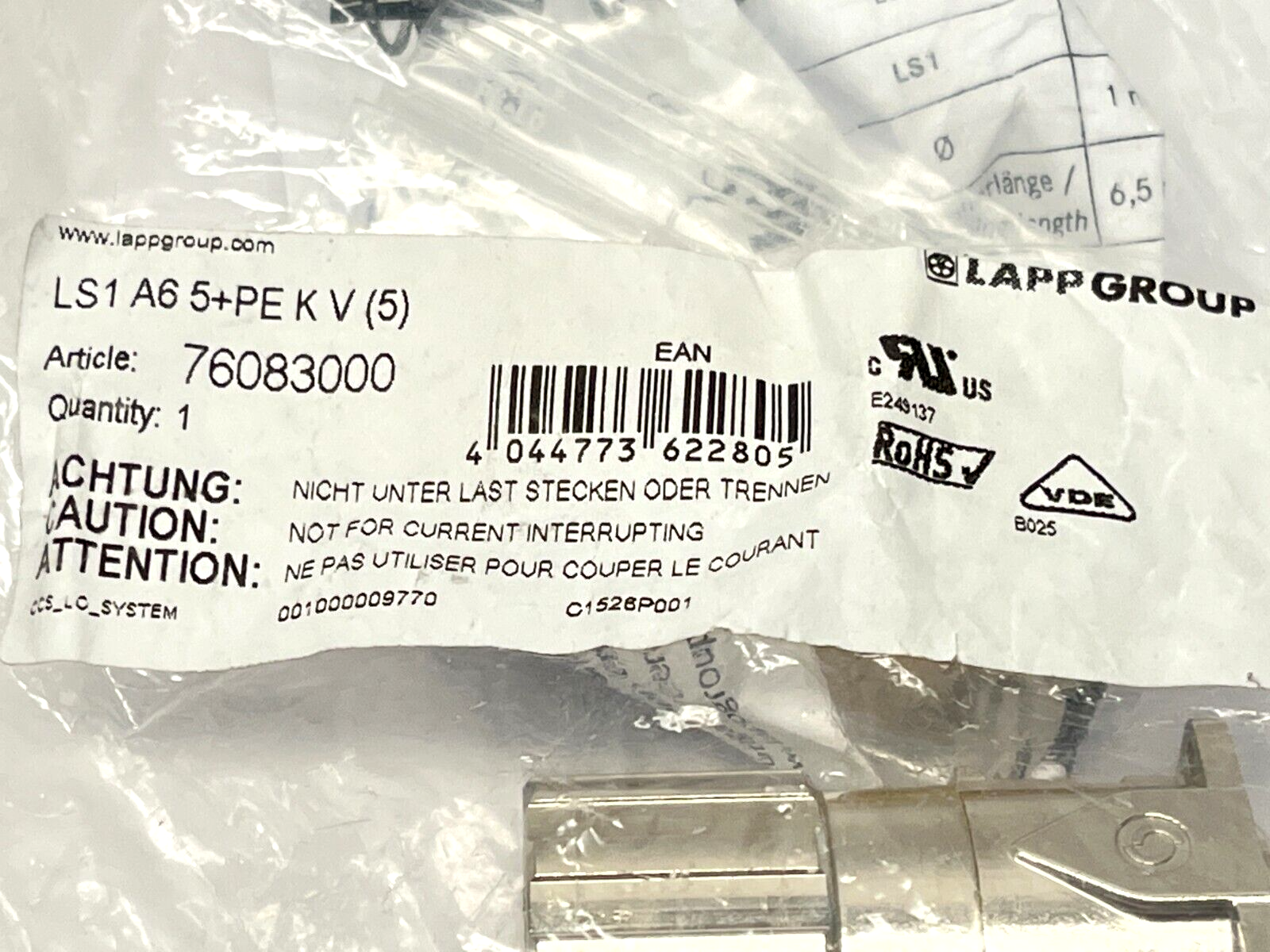 Lapp 76083000 Epic Power LS1 Style A6 Panel Mount Connector 6 Position Female - Maverick Industrial Sales