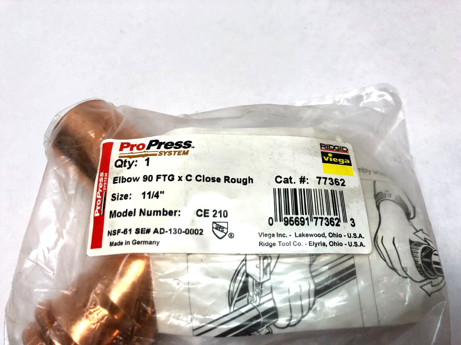 Viega 77362 ProPress Elbow Fitting, 90-Deg, 1-1/4", FTG X C Close Rough - Maverick Industrial Sales