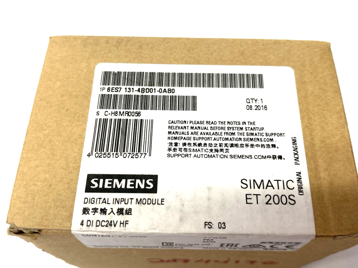 6ES7132-4BD01-0AA0 | Siemens 6ES7131-4BD01-0AA0 SIMATIC DP ET200S Input Module 4 DI DC24V, BOX OF 5 - New - Maverick Industrial Sales