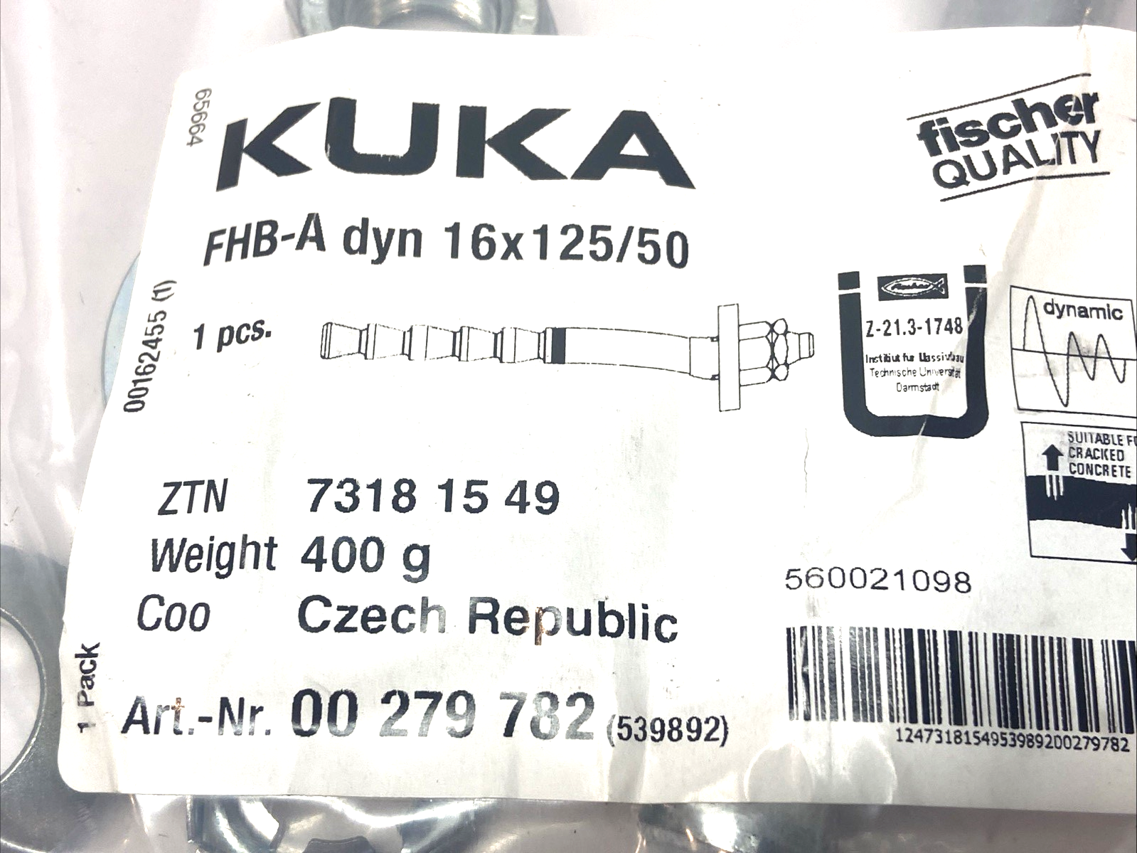 00 279 782 | KUKA FHB-A Dyn 16x125/50 Steel Anchor Kit - New - Maverick Industrial Sales