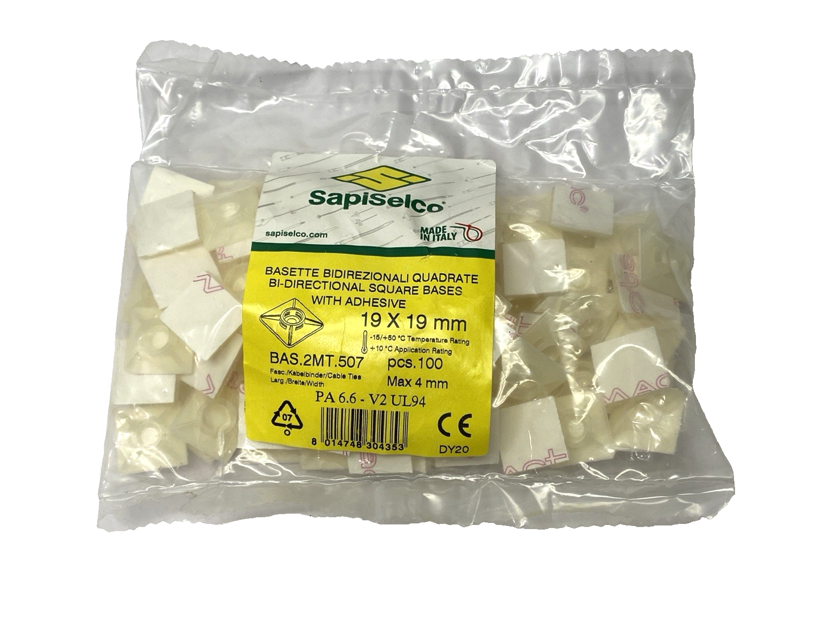 Sapiselco BAS.2MT.507 Cable Tie Mounting Square Base 19mm x 19mm PACKAGE OF 100 - Maverick Industrial Sales