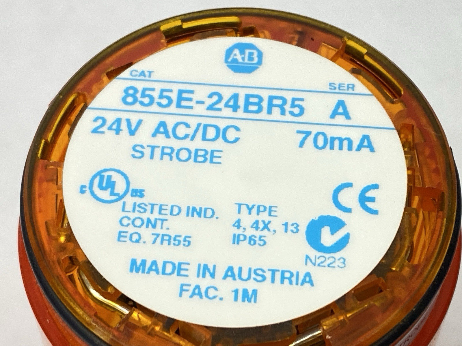 855E-24BR5 | Allen Bradley Ser A Strobe Stack Light Orange 50mm 70mA 24V - Used - Maverick Industrial Sales