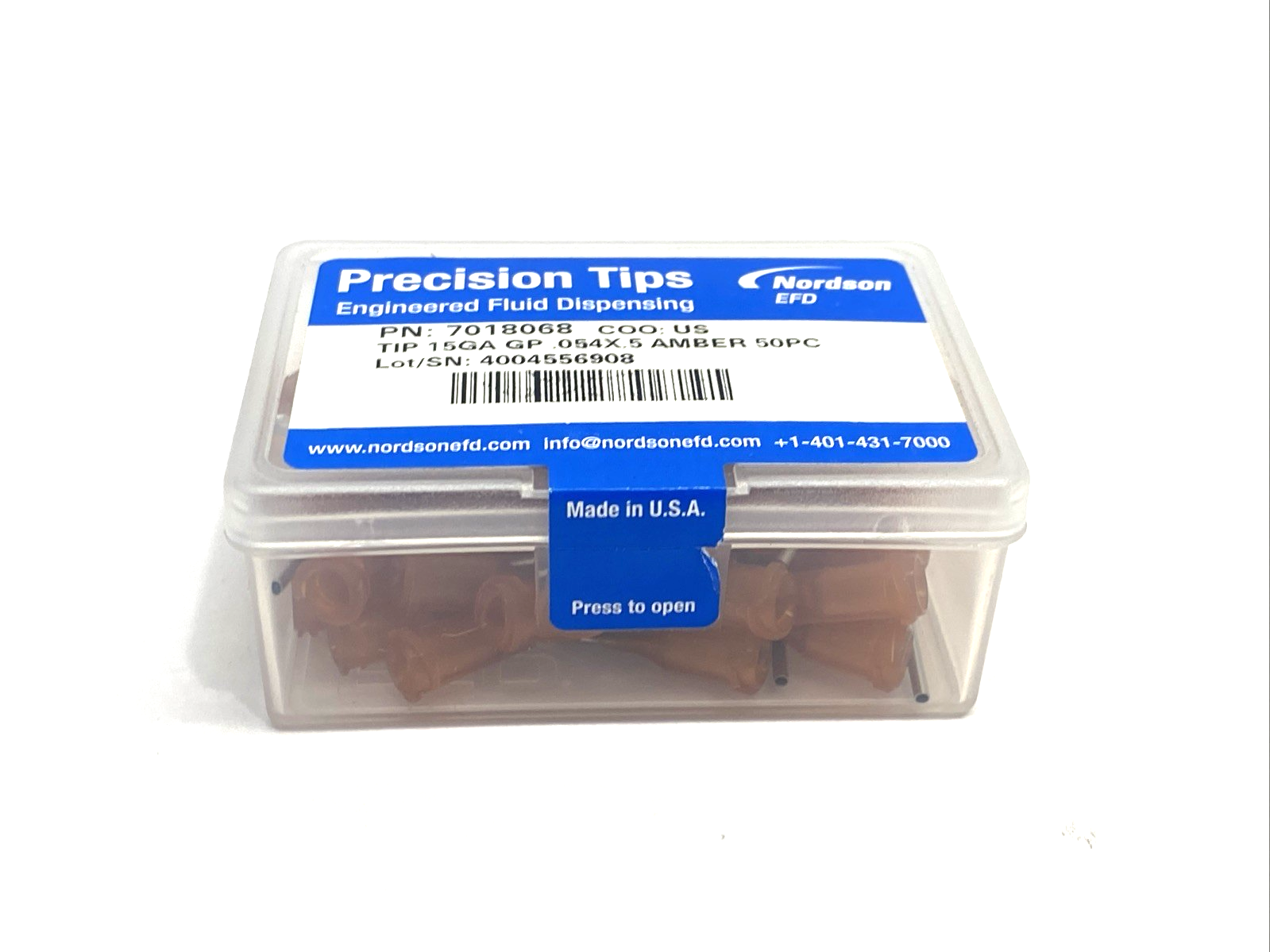 Nordson EFD 7018068 Precision Dispense Tip 15GA GP 0.054" x 0.5" Amber BOX OF 50 - Maverick Industrial Sales