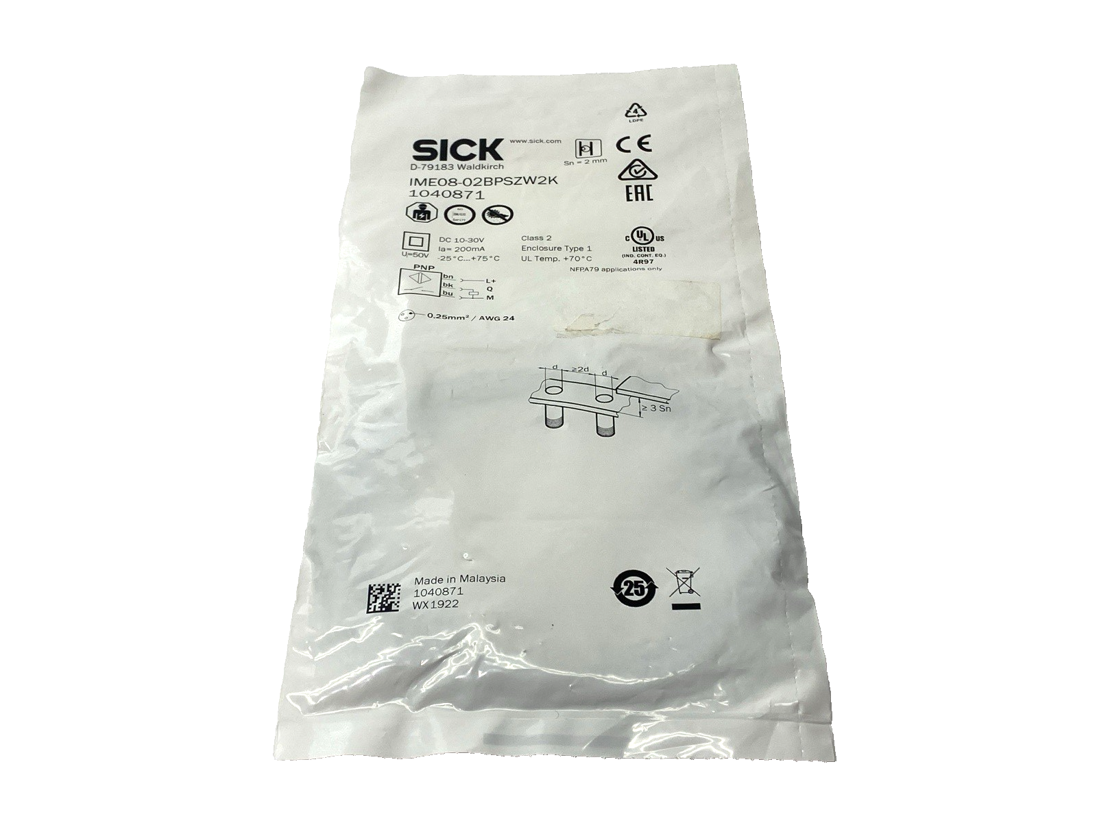 Sick IME08-02BPSZW2K Inductive Proximity Sensor 2mm 10-30VDC 1040871 - Maverick Industrial Sales