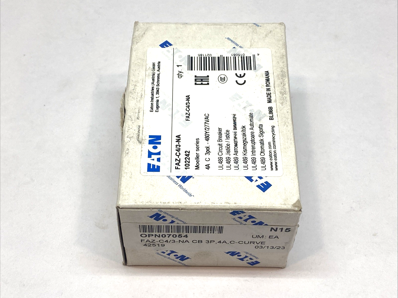 Eaton FAZ-C4/3-NA Circuit Breaker 3-Pole C-Curve 4A 102242 - Maverick Industrial Sales