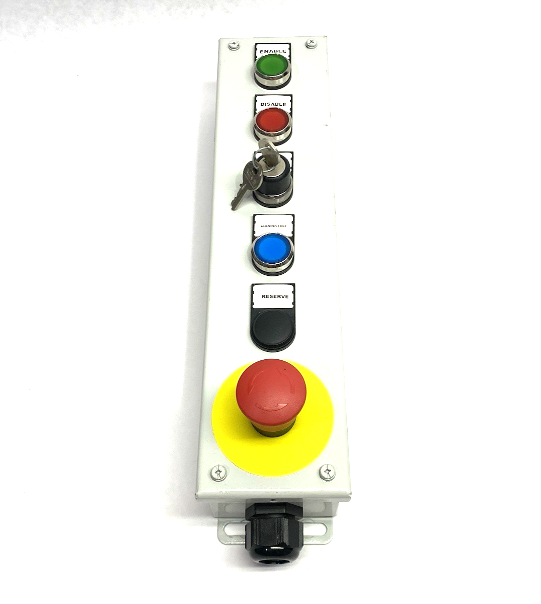 None | Operator Pushbutton Enclosure Control Assembly, Enable, Disable, E-Stop, Key - Used - Maverick Industrial Sales