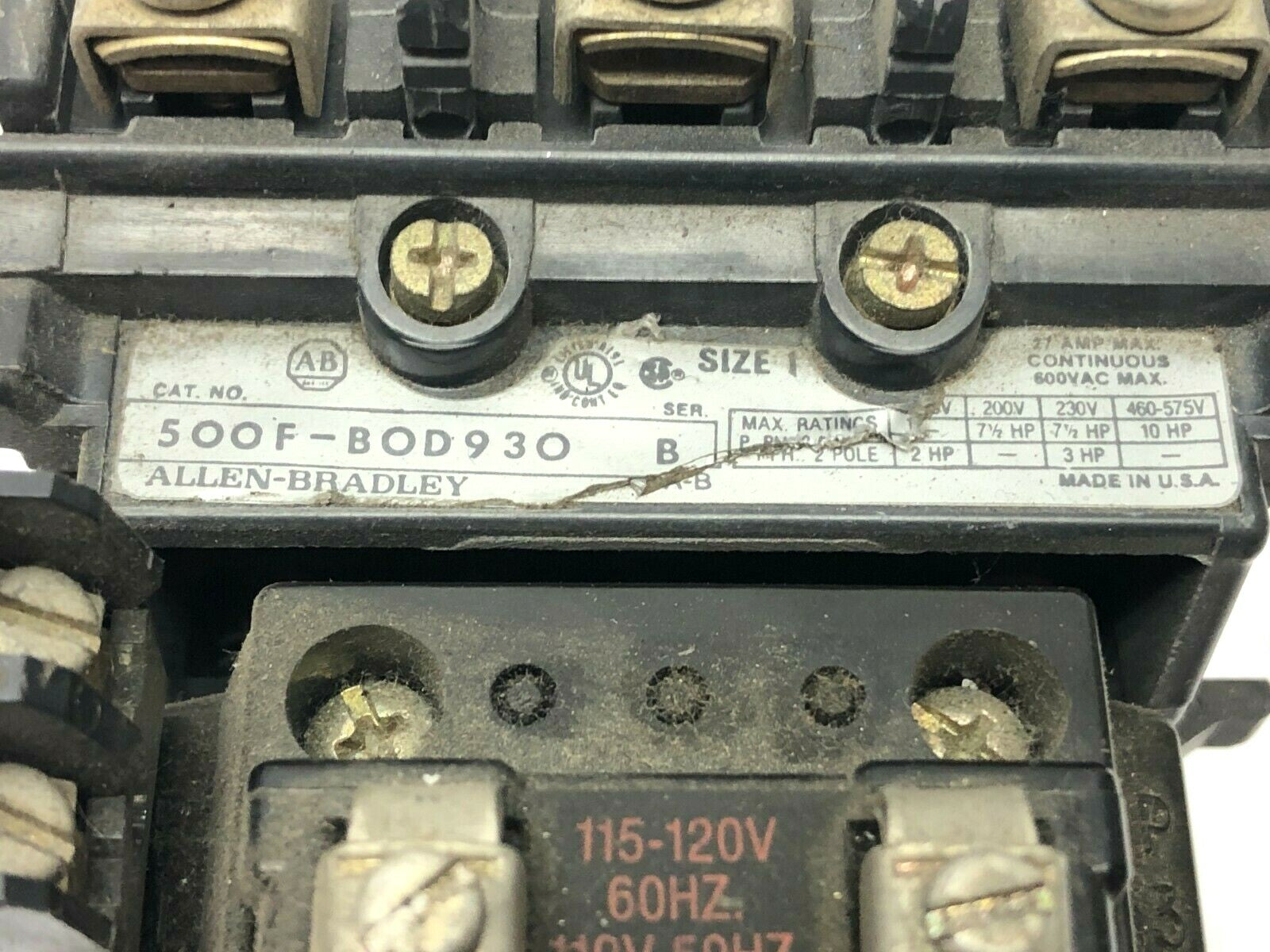 Allen Bradley 500F-BOD930 Ser. B Base Contactor 120VAC Coil 3P 27A 600VAC - Maverick Industrial Sales