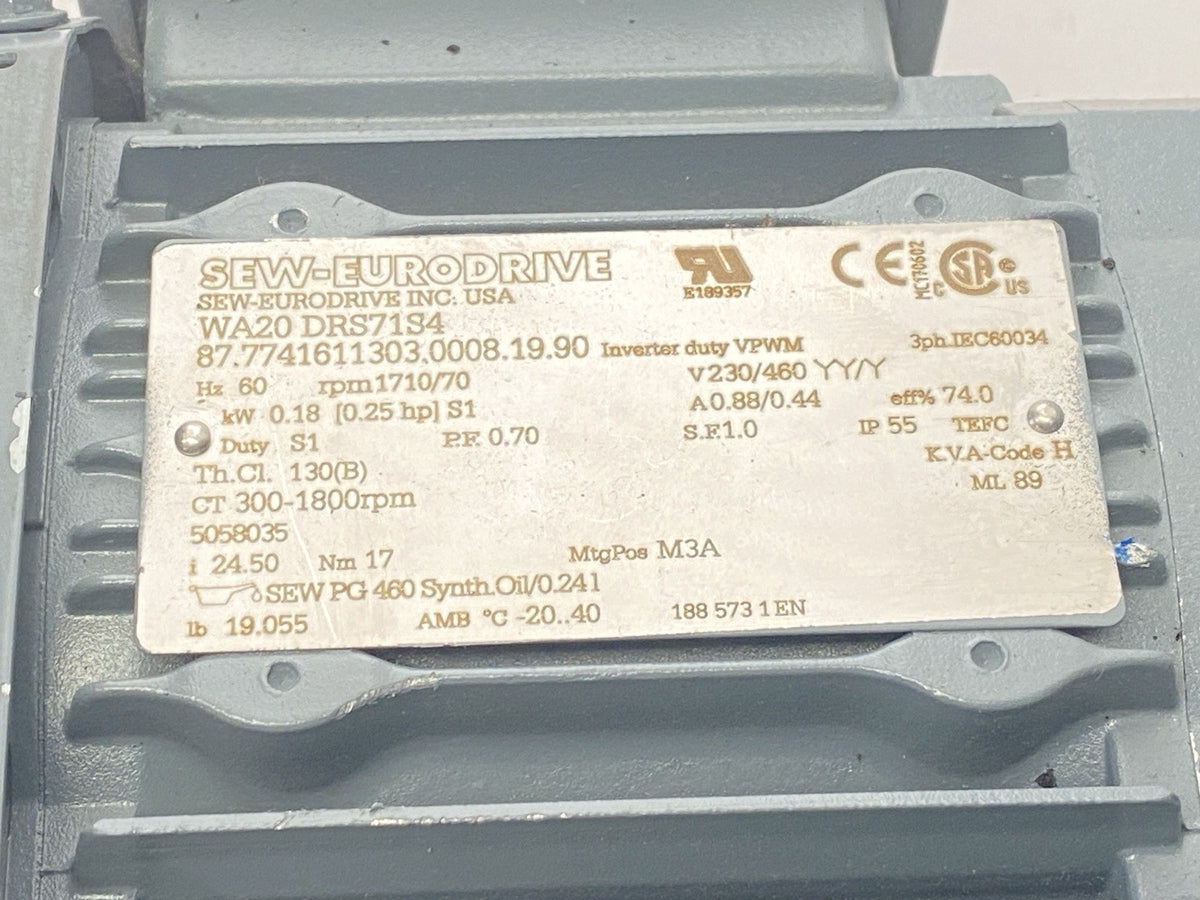 Sew-Eurodrive WA20DRS71S4 Gearmotor 1770RPM 230/460V w/ Flexlink XLEB 0A65MNLP - Maverick Industrial Sales