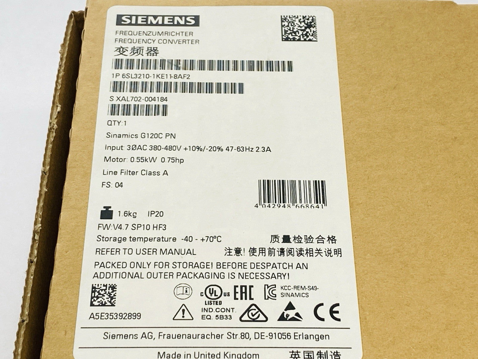 Siemens 6SL3210-1KE11-8AF2 SINAMICS Frequency Converter 0.55kW 0.75HP G120C PN - Maverick Industrial Sales