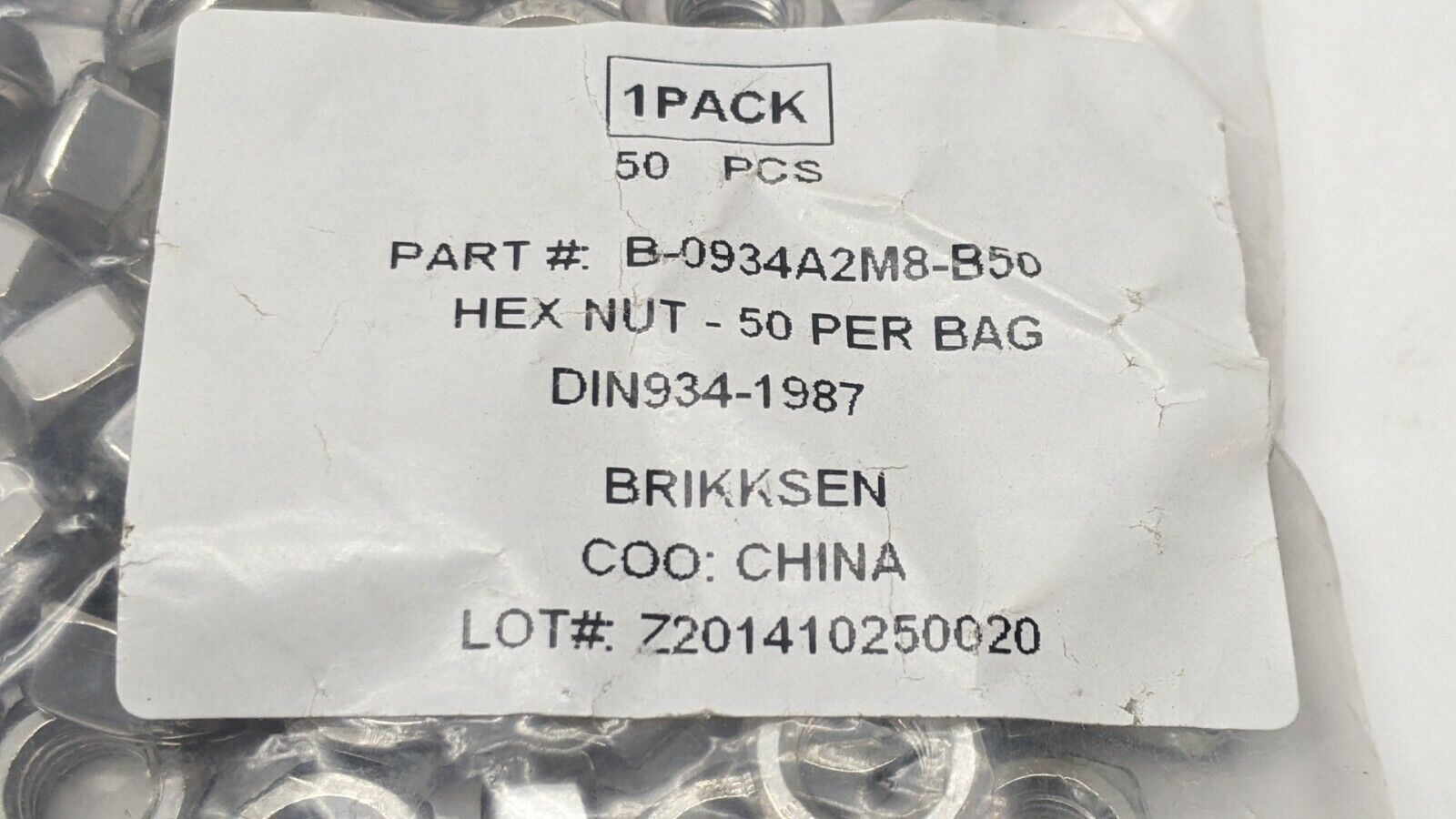 Brikksen B-0934A2M8-B50 Hex Nut SS M8-1.25 LOT OF 50 - Maverick Industrial Sales