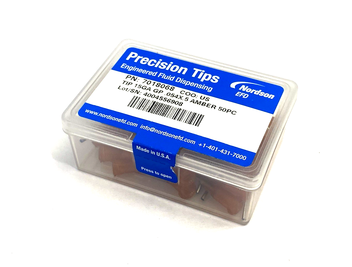 Nordson EFD 7018068 Precision Dispense Tip 15GA GP 0.054" x 0.5" Amber BOX OF 50 - Maverick Industrial Sales