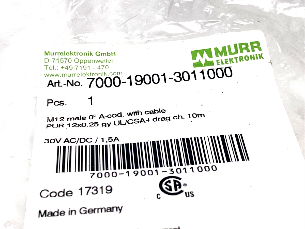 7000-19001-3011000 | Murr Elektronik Cordset M12 Male A-Code 12-Pin To Cable 10m - New – Open box - Maverick Industrial Sales