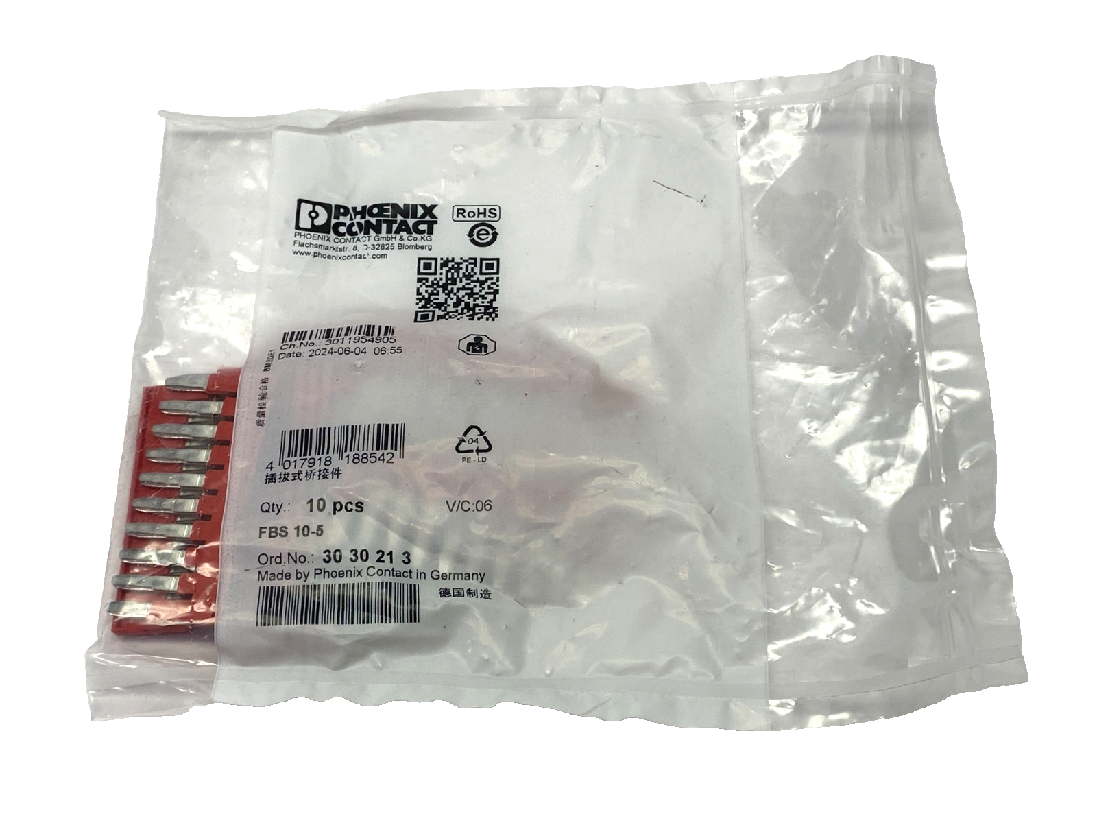 FBS 10-5 | Phoenix Contact Plug-In Bridge 10-Pos 23mm Length 3030213 PKG OF 10 - New - Maverick Industrial Sales