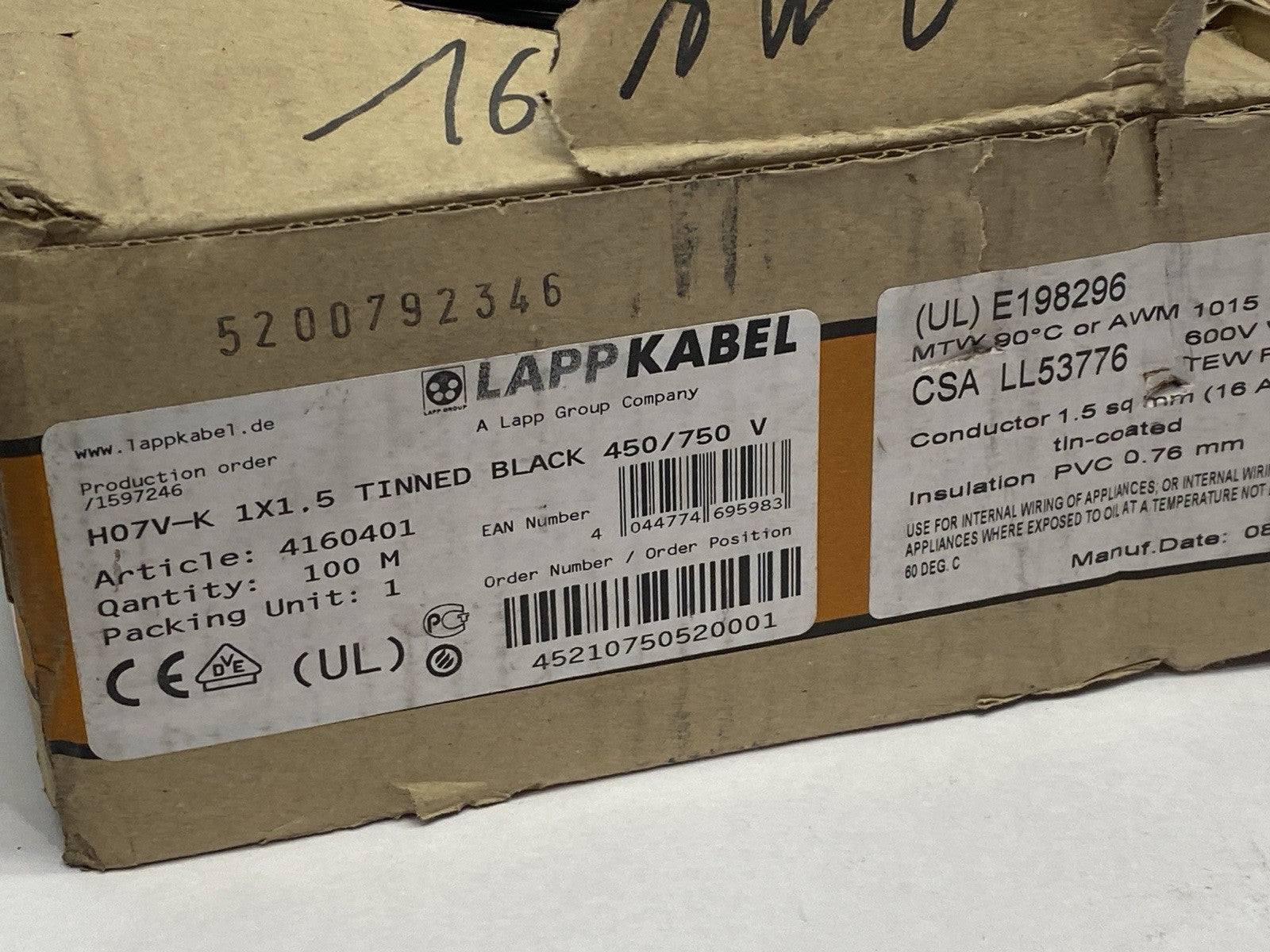 4160401 | LAPP Cable Hook-Up Wire H07V-K 1x1.5 Black 75m - New Other - Maverick Industrial Sales
