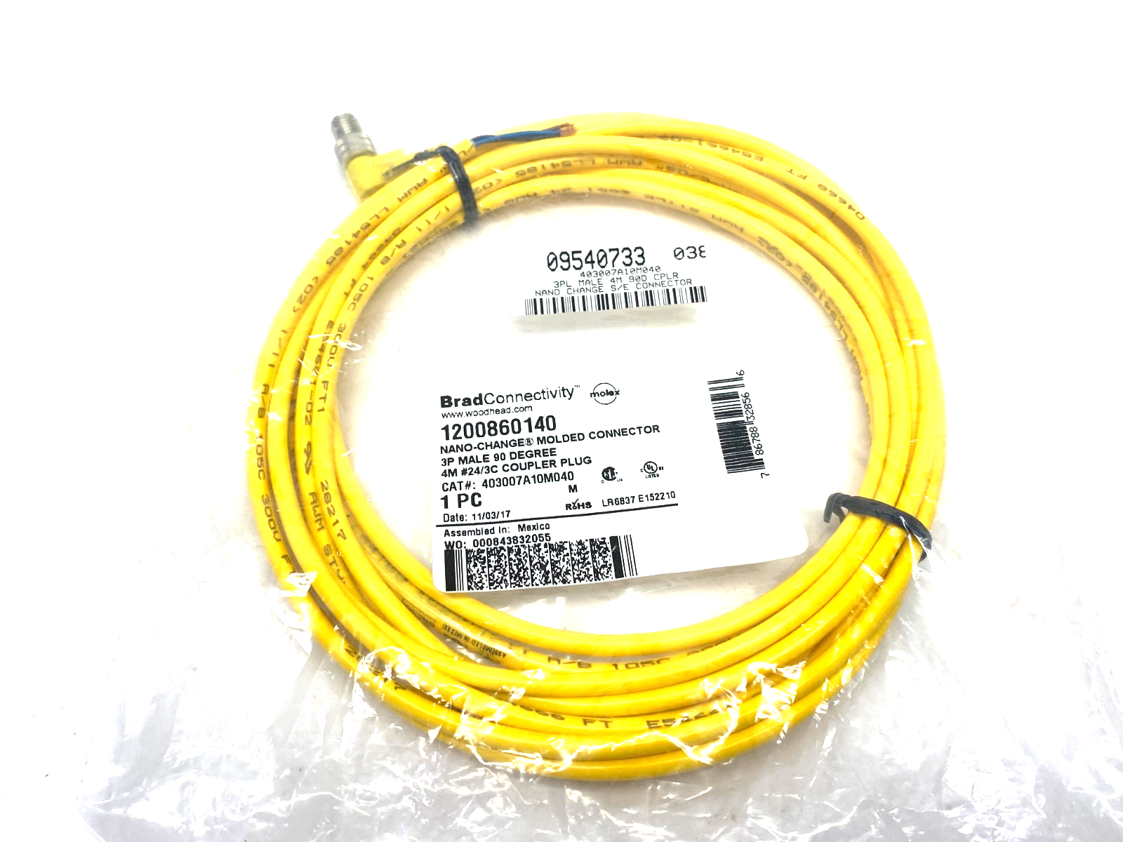 403007A10M040 | Brad Woodhead Molex Nano-Change 3P Male 90-Deg Cable 1200860140 - New - Maverick Industrial Sales