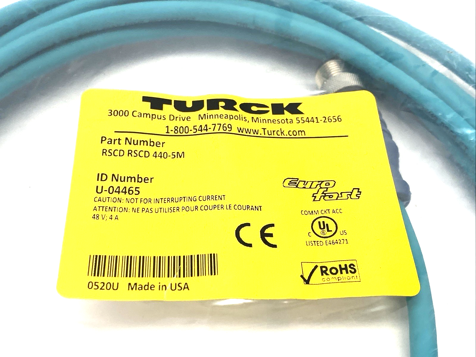Turck RSCD RSCD 440-5M Industrial Ethernet Cable M12 Male 4-Pin 5m U-04465 - Maverick Industrial Sales
