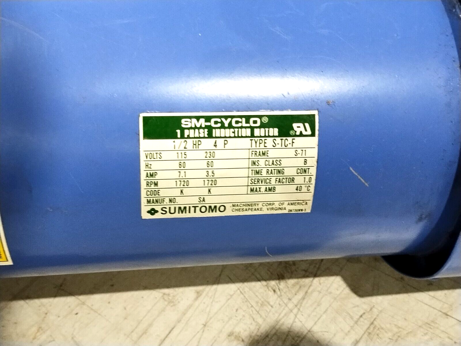 Sumitomo CNVM-05-6090YC-SG-B-21 SM-CYCLO Induction Motor 1/2HP 1PH S-TC-F - Maverick Industrial Sales