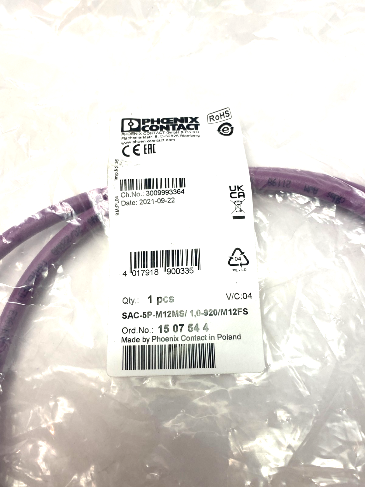 Phoenix Contact SAC-5P-M12MS/ 1,0-920/M12FS Bus System Cable 1507544 - Maverick Industrial Sales