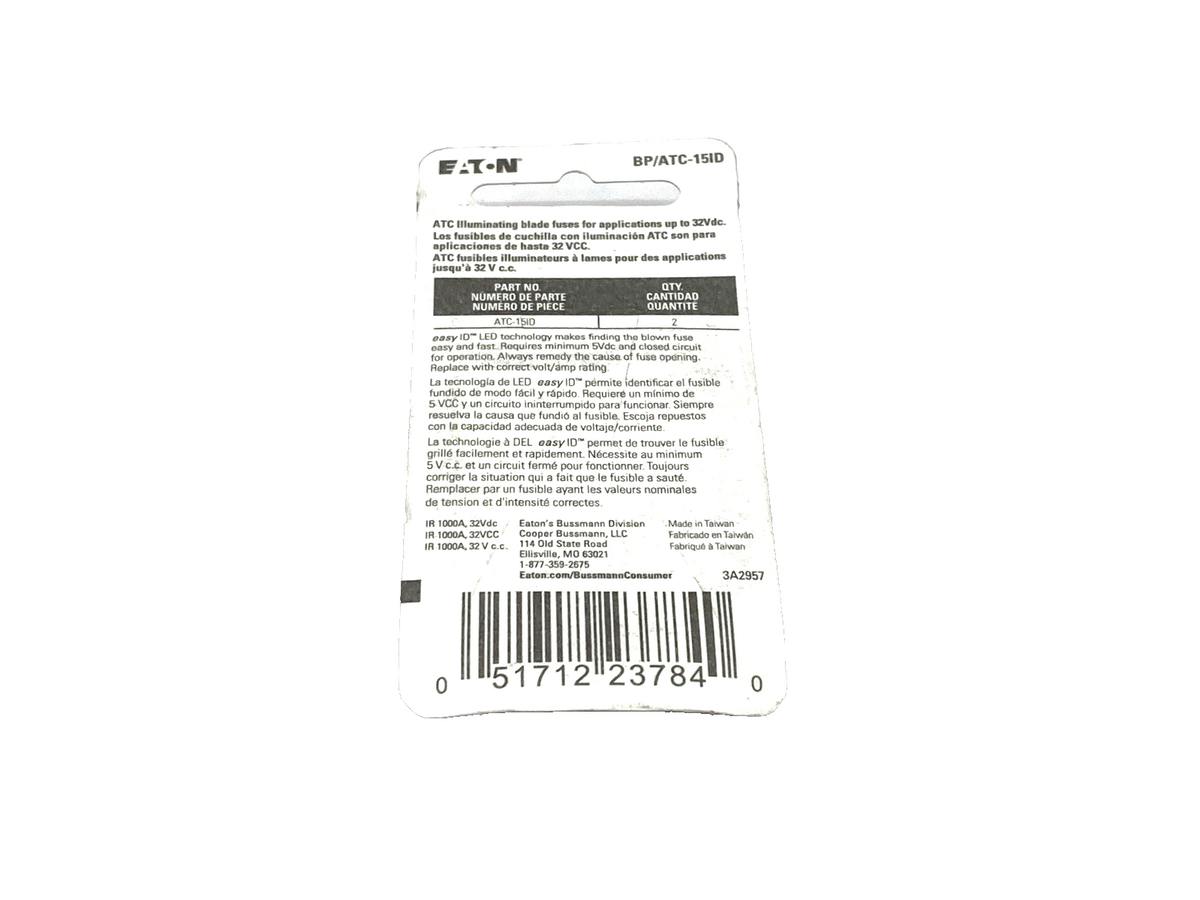 Eaton BP/ATC-15ID easyID Illuminating Blade Fuse 15A 2-PK, LOT OF 6, 12 TOTAL - Maverick Industrial Sales