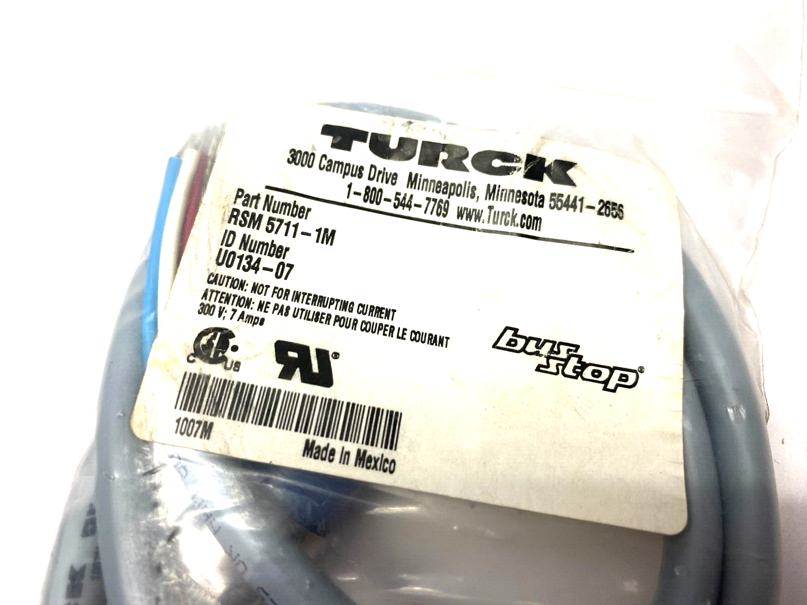 Turck RSM 5711-1M BusStop Single Ended Cordset Male 7/8"-16 UN U0134-07 - Maverick Industrial Sales