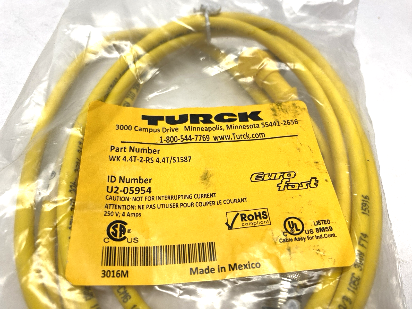 Turck WK 4.4T-2-RS 4.4T/S1587 Euro Fast Cable U2-05954 - Maverick Industrial Sales
