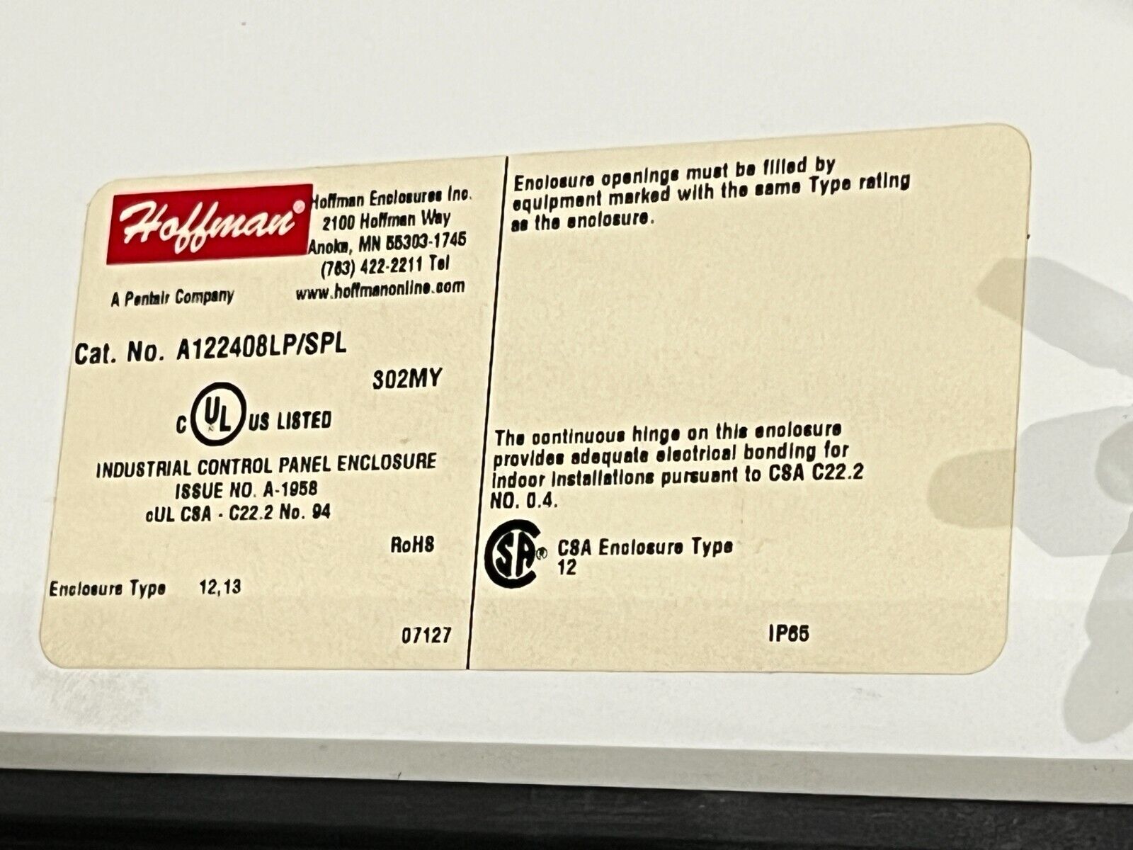 Hoffman A122408LP/SPL Industrial Control Panel Enclosure Type 12 13 12x24x8" - Maverick Industrial Sales
